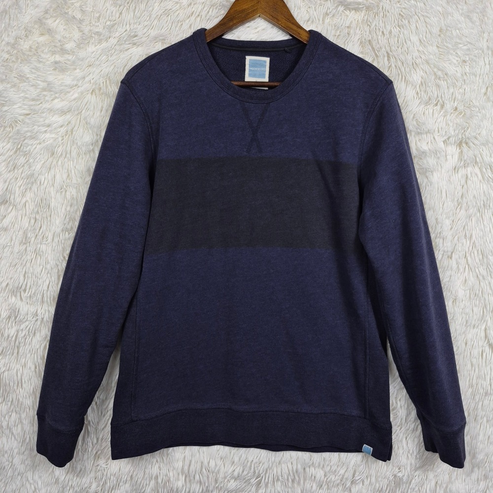 Jason Scott Mens Med Crew Brushed Terry Sweatshirt Navy Blue Colorblock Stripe